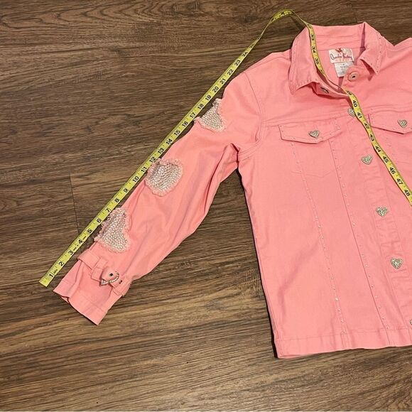 Quacker Factory Denim Button Down Jacket  Distressed Rhinestone Hearts Pink S - Picture 15 of 15